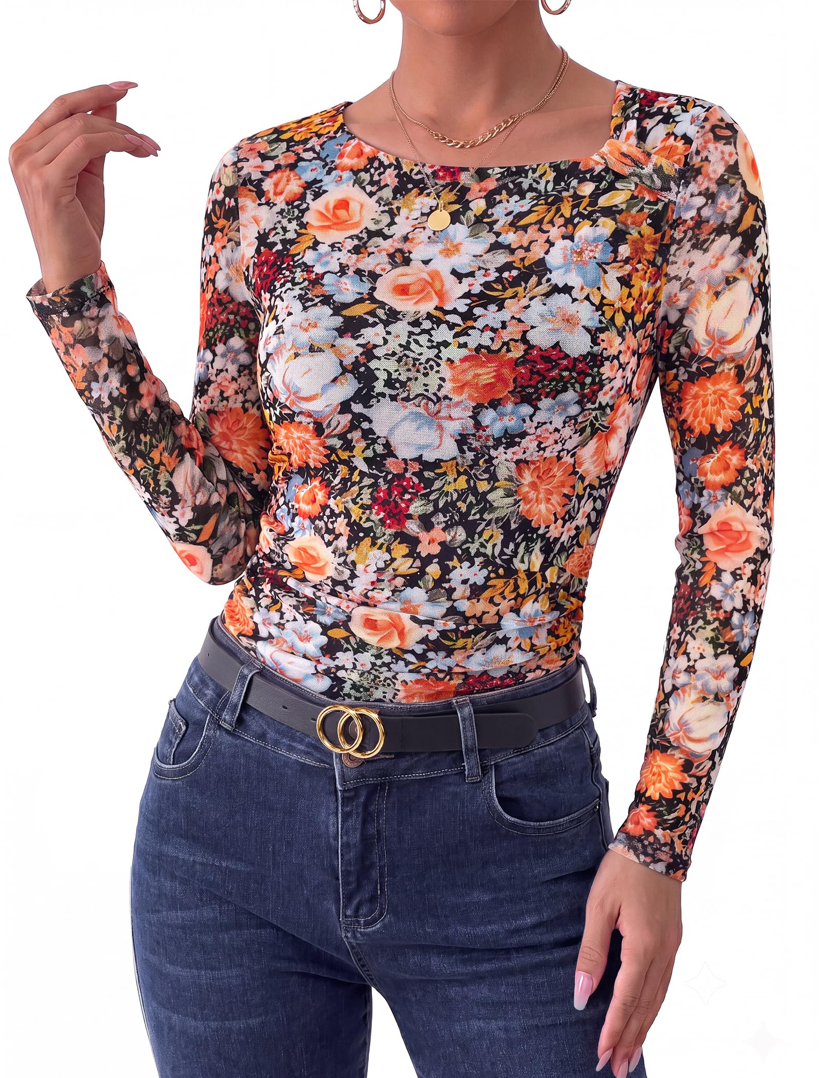 Arolina Womens Floral Mesh Shirt Fall Ruched Y2k Long Sleeve Blouses Tops | Asymmetrical Neck, Lined Torso, Sheer Sleeves, Tie Dye, Slim Fit, Ruched Tummy, Trendy, Stylish, Soft, Lightweight, Clubwear