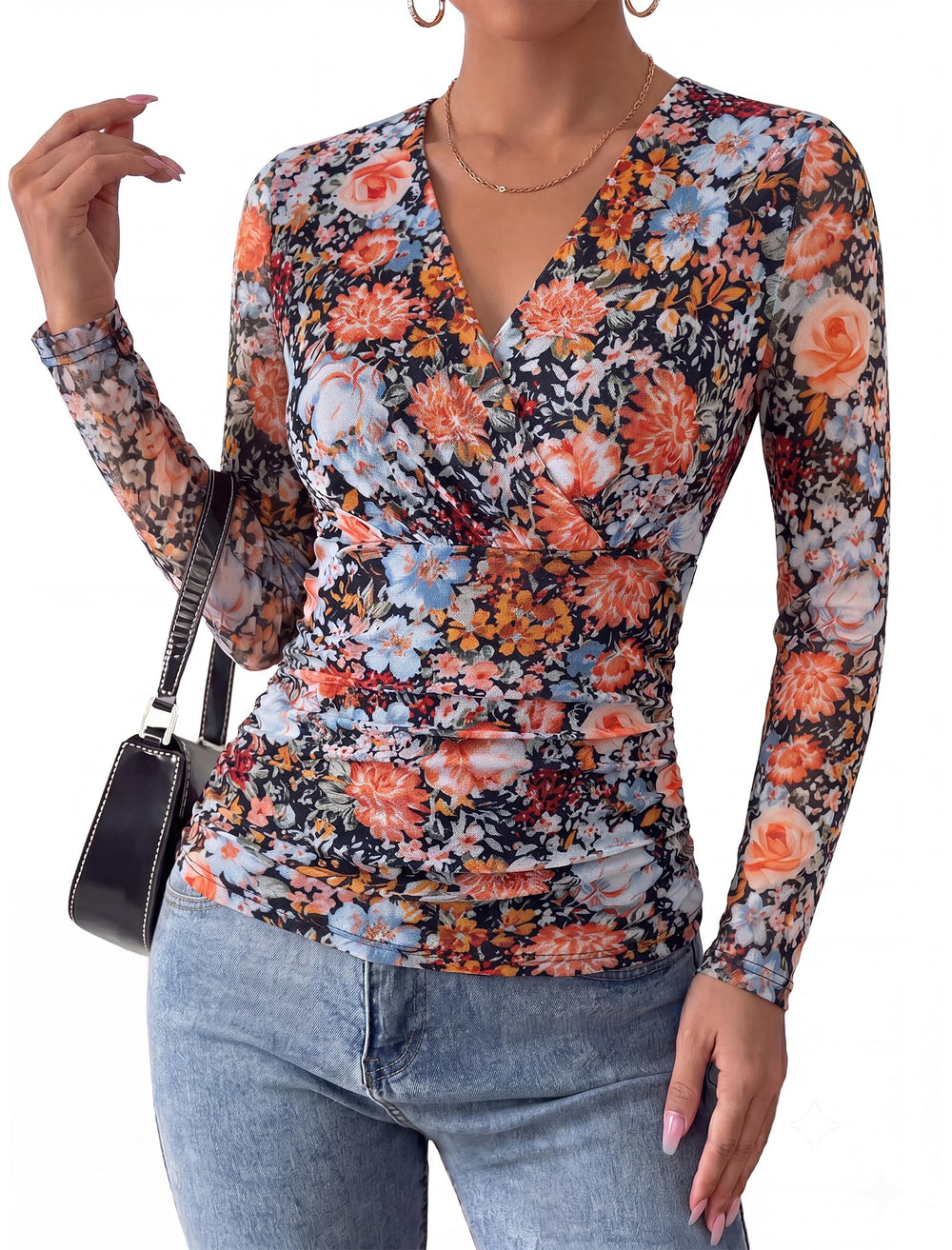 Arolina Womens Wrap Tops Long Sleeve Mesh V Neck Dressy Casual Blouses | Boho,Sheer Sleeve, Lined Torso,Ruched Waist, Slight Stretch, Floral, Casual, Breathable, Wrinkle Resistance, Lightweight
